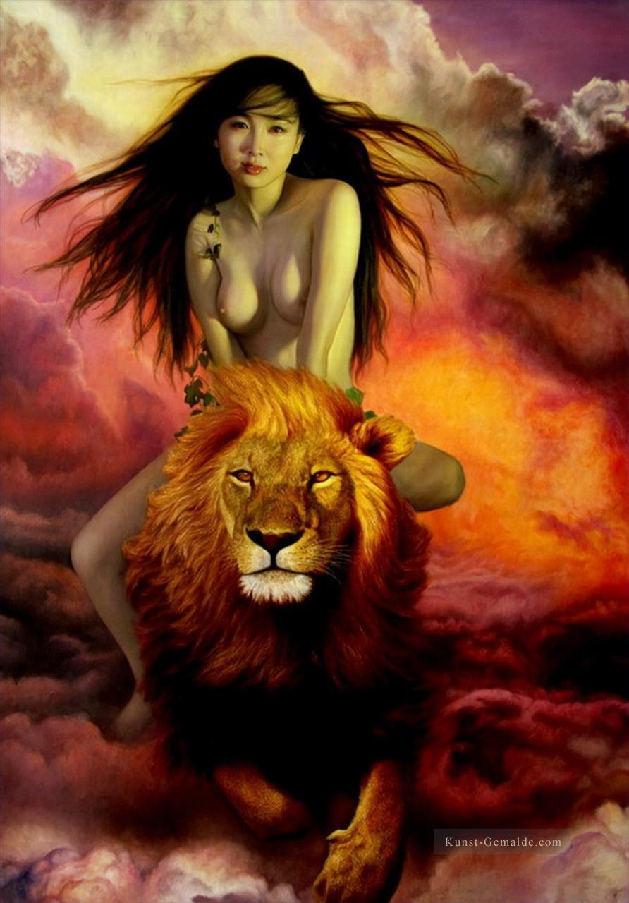 Reiten Löwen unter Red Wolken Chinesischen Mädchen Nackt Ölgemälde